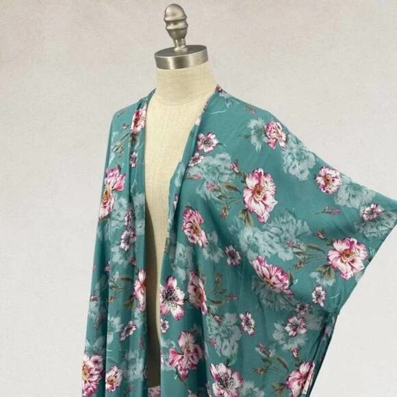 Torrid teal‎ and pink floral tropical Gauze Duster Kimono plus size 3 4 3X 4X - Picture 8 of 12
